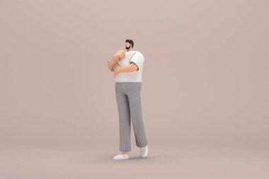 Gri kadife pantolon ve beyaz yakalı tişört giyen sakallı adam. O, konuşurken el ifadesidir. Oyunculuktaki çizgi film karakterinin 3d canlandırması.