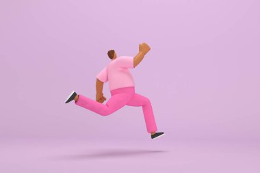 The black man with pink clothes.  He is running. 3d rendering of cartoon character in acting.