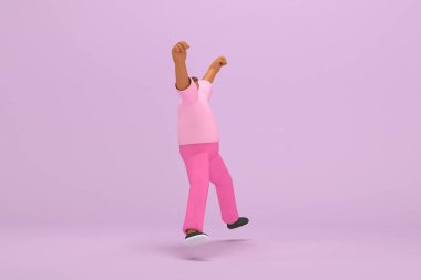 Pembe elbiseli siyah adam. Atlıyor. Oyunculuktaki çizgi film karakterinin 3d canlandırması.