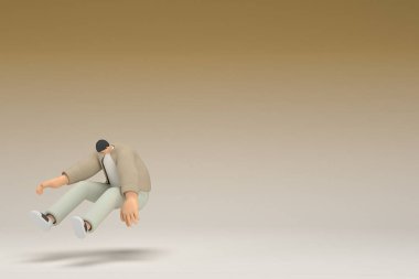 A man with glasses wearing brown cloth is  jumping. 3d rendering of cartoon character in acting.