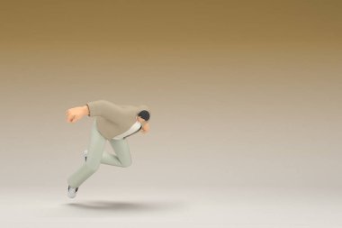 A man with glasses wearing brown cloth.  He is falling down. 3d rendering of cartoon character in acting.