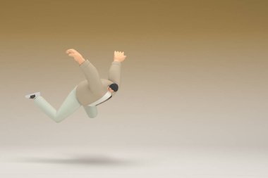 A man with glasses wearing brown cloth.  He is falling down. 3d rendering of cartoon character in acting.