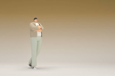 Kahverengi bez giyen gözlüklü bir adam. O, konuşurken el ifadesidir. Oyunculuktaki çizgi film karakterinin 3d canlandırması.