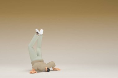 A man with glasses wearing brown cloth.  He is falling down. 3d rendering of cartoon character in acting.