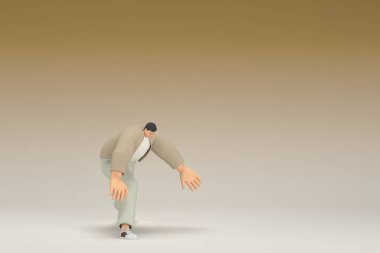 A man with glasses wearing brown cloth.  He is doing exercise.  3d rendering of cartoon character in acting.