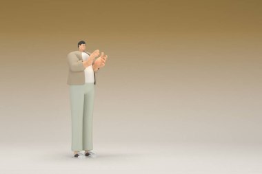 Kahverengi bez giyen gözlüklü bir adam. O, konuşurken el ifadesidir. Oyunculuktaki çizgi film karakterinin 3d canlandırması.