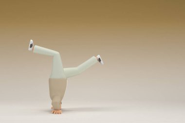 A man with glasses wearing brown cloth.  He is doing exercise.  3d rendering of cartoon character in acting.
