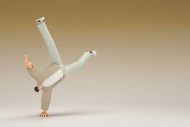 A man with glasses wearing brown cloth.  He is doing exercise.  3d rendering of cartoon character in acting.