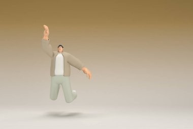 A man with glasses wearing brown cloth.  He is doing exercise.  3d rendering of cartoon character in acting.