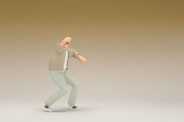 A man with glasses wearing brown cloth.  He is doing exercise.  3d rendering of cartoon character in acting.