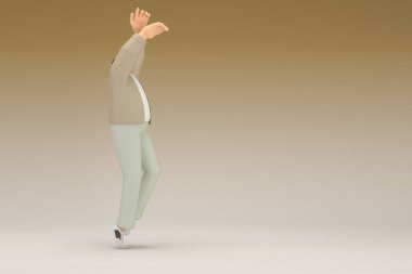A man with glasses wearing brown cloth.  He is doing exercise.  3d rendering of cartoon character in acting.