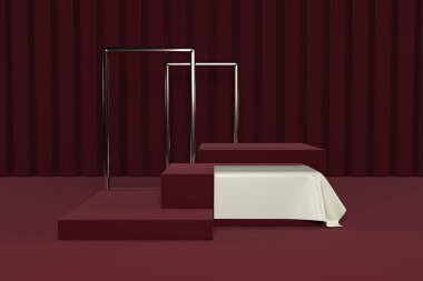 3d render of shop display. Abstract geometric podium background. Minimalist primitive shapes. Modern mockup. Blank template. Empty showcase.