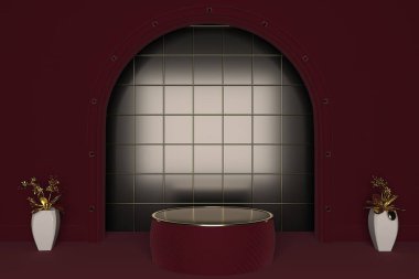 3d render of shop display. Abstract geometric podium background. Minimalist primitive shapes. Modern mockup. Blank template. Empty showcase.