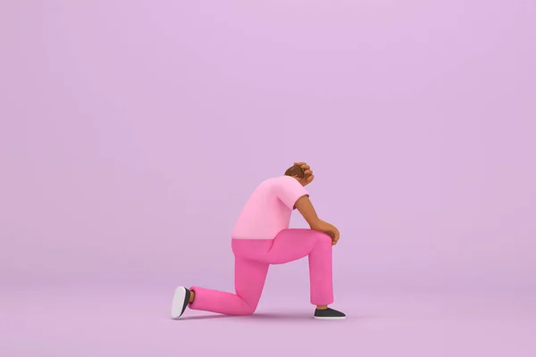 The black man with pink clothes.  He is sad or in pain. 3d rendering of cartoon character in acting.