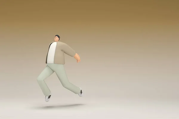 A man with glasses wearing brown cloth is running.  3d rendering of cartoon character in acting.