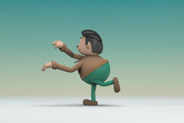 The man  with mustache wearing a brown long shirt green pants.  He is doing exercise. 3d rendering of cartoon character in acting.