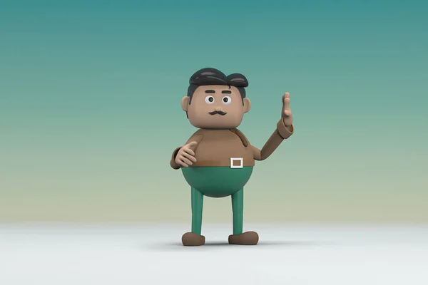 The man  with mustache wearing a brown long shirt green pants.  He is expression  of body and hand when talking.  3d rendering of cartoon character in acting.