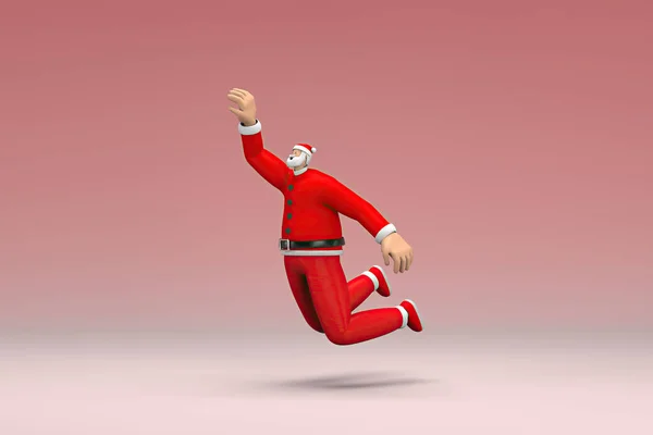 A man wearing Santa Claus costume is jumping. 3d rendering of cartoon character in acting.