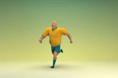 Sarı gömlek ve yeşil pantolon giyen bir atlet koşuyor. Oyunculuktaki çizgi film karakterinin 3d canlandırması.