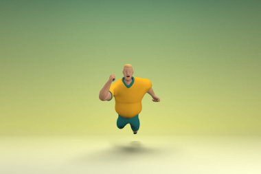 Sarı gömlek ve yeşil pantolon giyen bir atlet. Düşüyor. Düşüyor. Oyunculuktaki çizgi film karakterinin 3d canlandırması.