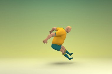 Sarı gömlek ve yeşil pantolon giyen bir atlet atlıyor. Oyunculuktaki çizgi film karakterinin 3d canlandırması.