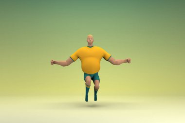 Sarı gömlek ve yeşil pantolon giyen bir atlet atlıyor. Oyunculuktaki çizgi film karakterinin 3d canlandırması.