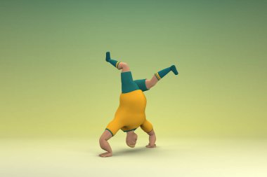 Sarı gömlek ve yeşil pantolon giyen bir atlet. Egzersiz yapıyor. Oyunculuktaki çizgi film karakterinin 3d canlandırması.