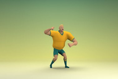 Sarı gömlek ve yeşil pantolon giyen bir atlet. Egzersiz yapıyor. Oyunculuktaki çizgi film karakterinin 3d canlandırması.