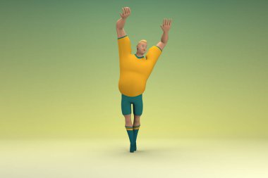 Sarı gömlek ve yeşil pantolon giyen bir atlet. Egzersiz yapıyor. Oyunculuktaki çizgi film karakterinin 3d canlandırması.