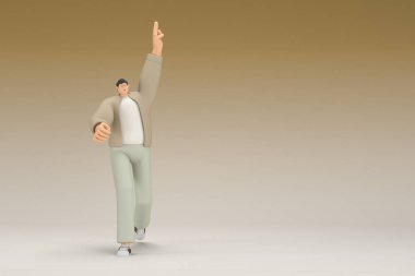 A man with glasses wearing brown cloth.  He is doing exercise.  3d rendering of cartoon character in acting.