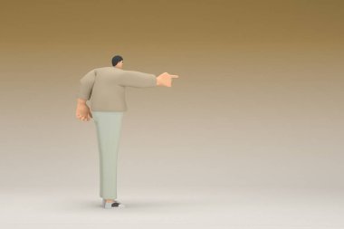 Kahverengi bez giyen gözlüklü bir adam. O, konuşurken el ifadesidir. Oyunculuktaki çizgi film karakterinin 3d canlandırması.