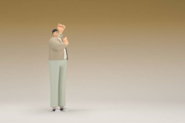 Kahverengi bez giyen gözlüklü bir adam. O, konuşurken el ifadesidir. Oyunculuktaki çizgi film karakterinin 3d canlandırması.