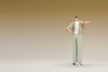 Kahverengi bez giyen gözlüklü bir adam. O, konuşurken el ifadesidir. Oyunculuktaki çizgi film karakterinin 3d canlandırması.