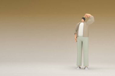 Kahverengi bez giyen gözlüklü bir adam. O, konuşurken el ifadesidir. Oyunculuktaki çizgi film karakterinin 3d canlandırması.