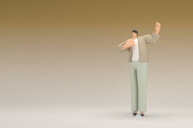 Kahverengi bez giyen gözlüklü bir adam. O, konuşurken el ifadesidir. Oyunculuktaki çizgi film karakterinin 3d canlandırması.