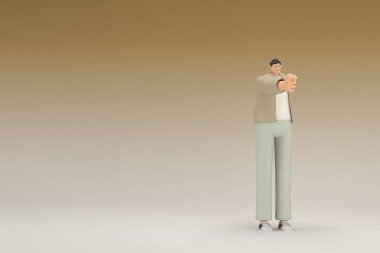 Kahverengi bez giyen gözlüklü bir adam. O, konuşurken el ifadesidir. Oyunculuktaki çizgi film karakterinin 3d canlandırması.