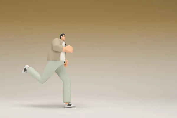 茶色の布を着た眼鏡の男が走っている 演技における漫画のキャラクターの3Dレンダリング — ストック写真
