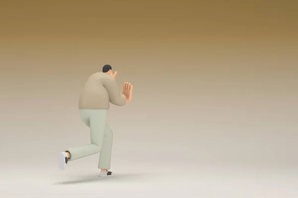 A man with glasses wearing brown cloth.  He is pulling or pushing something.  3d rendering of cartoon character in acting.