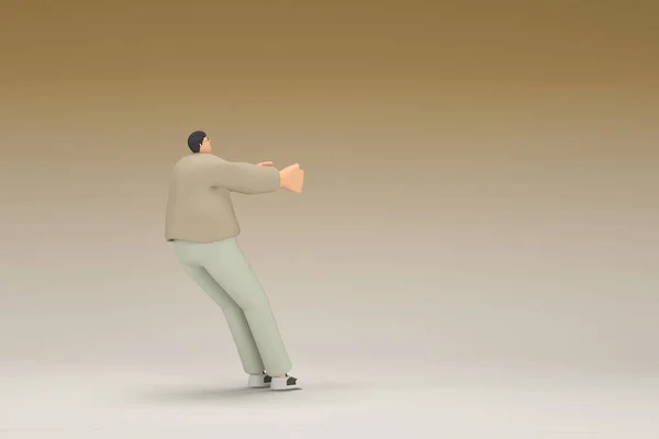 茶色の布を着た眼鏡の男 彼は何かを引いたり押したりしている 演技における漫画のキャラクターの3Dレンダリング — ストック写真