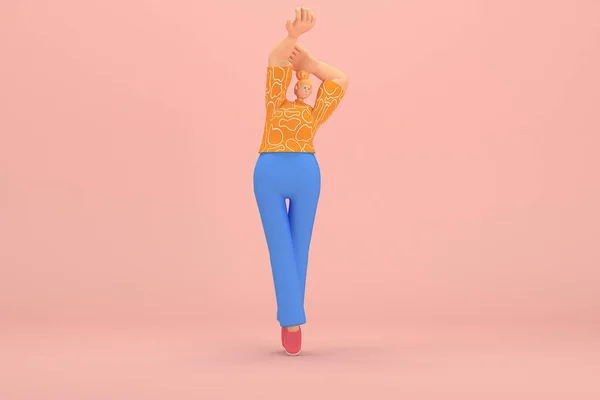 The woman with golden hair tied in a bun wearing blue corduroy pants and Orange T-shirt with white stripes.  She is doing exercise. 3d rendering of cartoon character in acting.