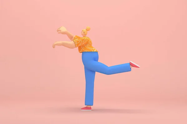 青いコーデュロイパンツと白いストライプのオレンジのTシャツを着たパンで結ばれた黄金の髪の女性 彼女は運動をしている 演技における漫画のキャラクターの3Dレンダリング — ストック写真