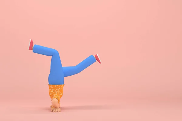 The woman with golden hair tied in a bun wearing blue corduroy pants and Orange T-shirt with white stripes.  She is doing exercise. 3d rendering of cartoon character in acting.