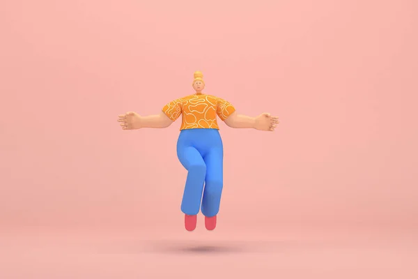 The woman with golden hair tied in a bun wearing blue corduroy pants and Orange T-shirt with white stripes.  She is jumping. 3d rendering of cartoon character in acting.