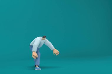 cartoon character wearing jeans and white long shirt. 3d rendering in acting. He is doing exercise.