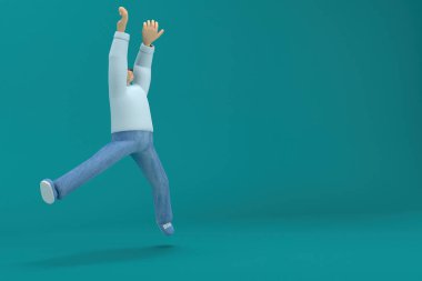 cartoon character wearing jeans and white long shirt. 3d rendering in acting. He is doing exercise.