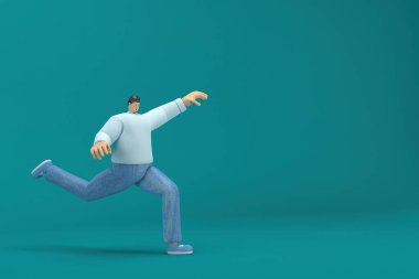 cartoon character wearing jeans and white long shirt. 3d rendering in acting. He is doing exercise.