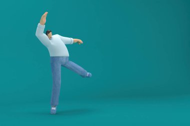 cartoon character wearing jeans and white long shirt. 3d rendering in acting. He is doing exercise.