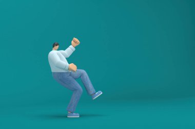 cartoon character wearing jeans and white long shirt. 3d rendering in acting. He is doing exercise.