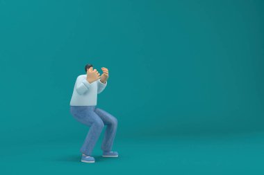 Çizgi film karakteri kot pantolon ve uzun gömlek giyiyor. O, konuşurken vücudunun ve elinin ifadesidir. Oyunculukta 3d canlandırma.