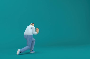 cartoon character wearing jeans and  long shirt. He is pulling or pushing something. 3d rendering in acting.